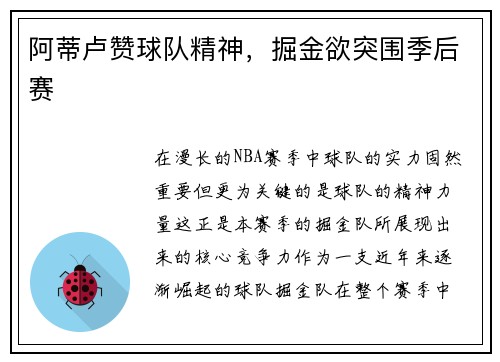 阿蒂卢赞球队精神，掘金欲突围季后赛